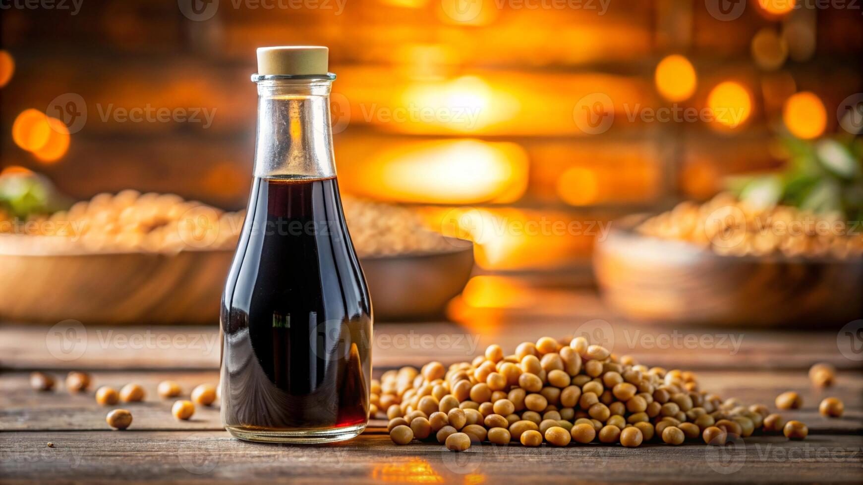 soy sauce in a bottle and soy beans on wooden table photo