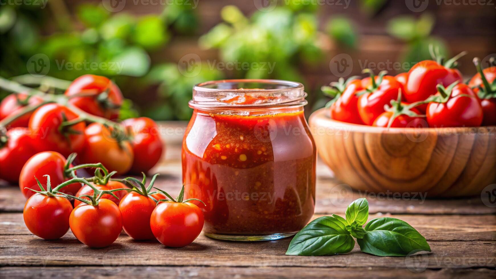 tomato sauce in a jar on a wooden table photo