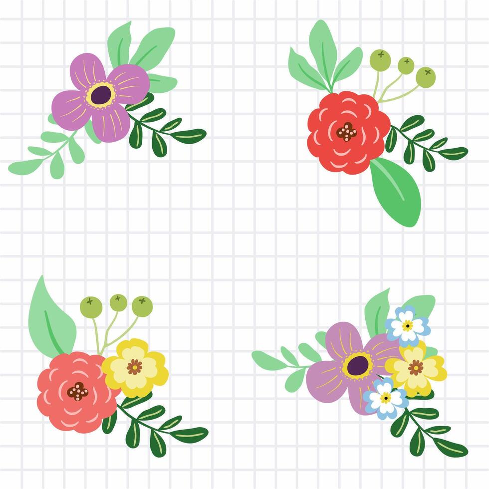 Hand drawn blooming colorful flower bouquet decoration with grid background on white for textile, fabric, surface design, wrapping paper, wallpaper vector