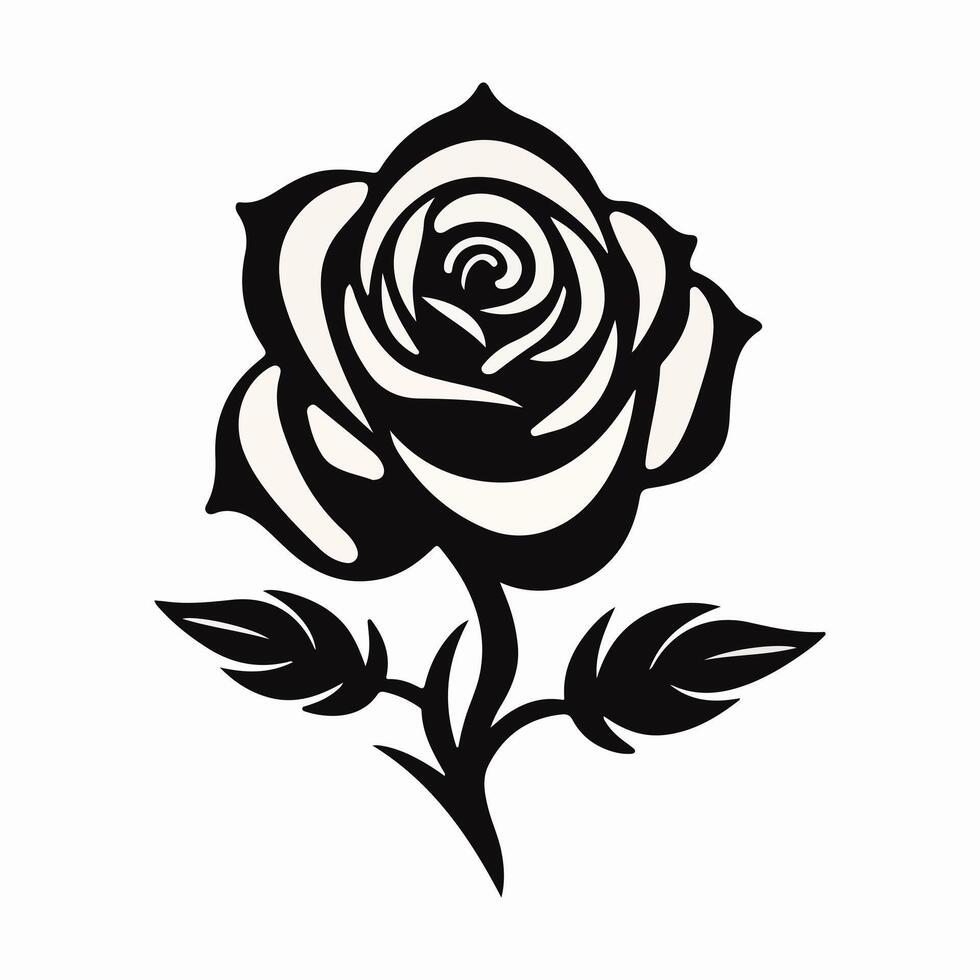 Black and white graphic of a rose silhouette icon on a solid background vector