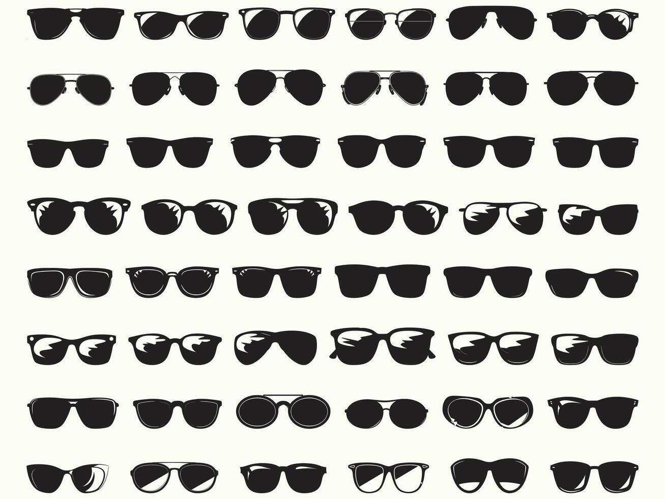 Stylish sunglasses silhouette set, perfect for summer sun protection. This fashionable set of eyewear features various sunglass designs, complete with plastic frames and sun-blocking lenses. vector