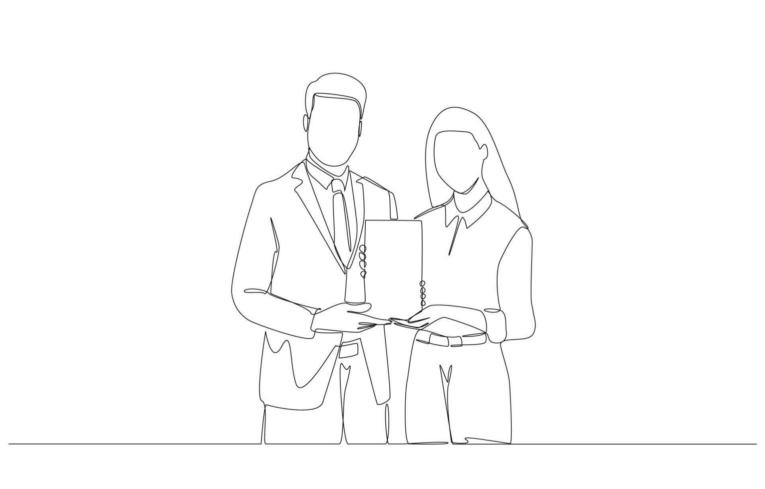 Continuous one line drawing of outstanding employee receive award plaque from manager, performance award ceremony concept, single line art. vector