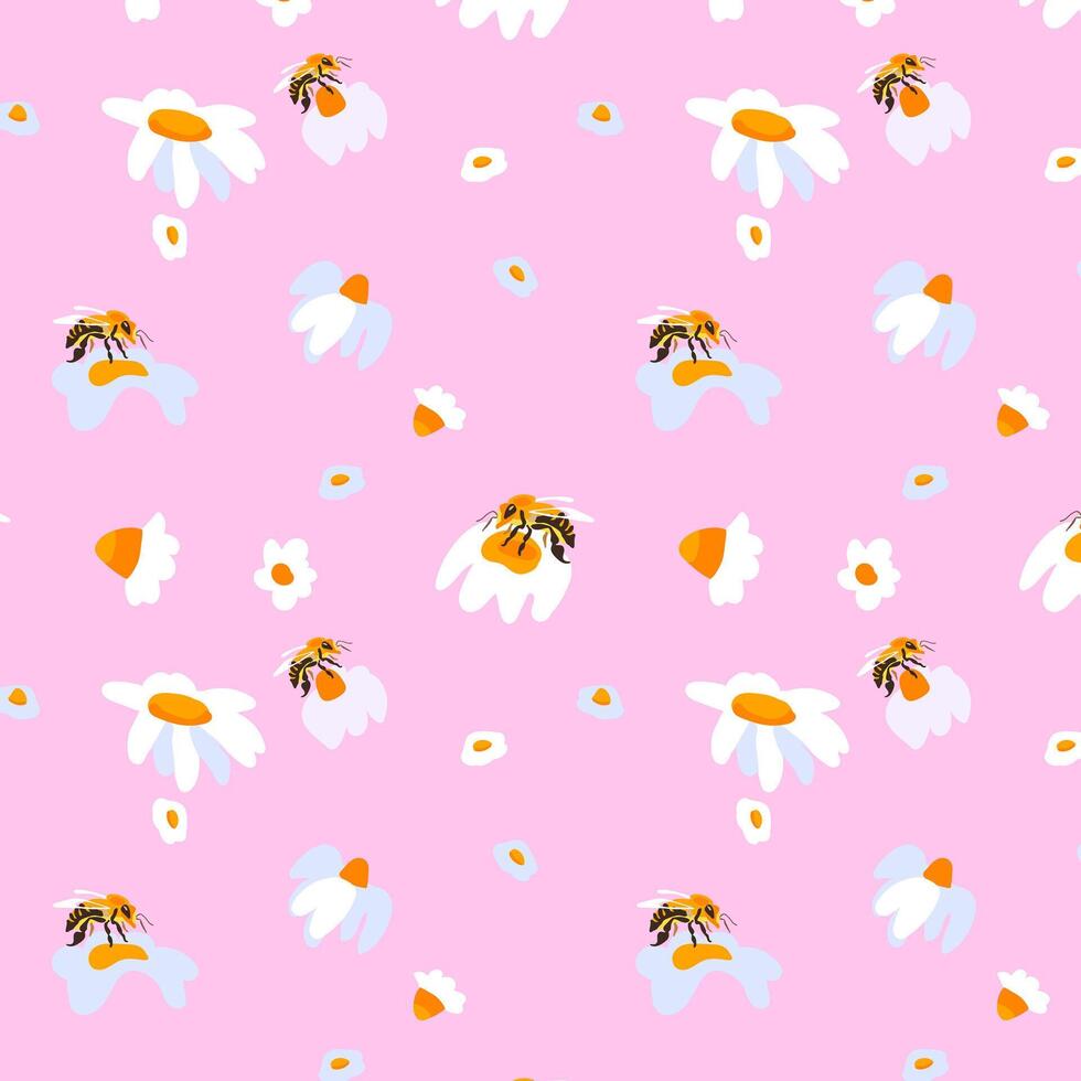 Seamless pattern daisy bee Pink background wild flower postcard poster banner Spring summer Fabric clothes wrapping wallpaper template Textile vector