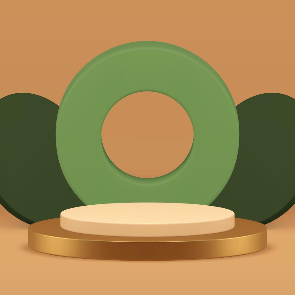 3d golden cylinder podium with green circle wall background for product show realistic vector