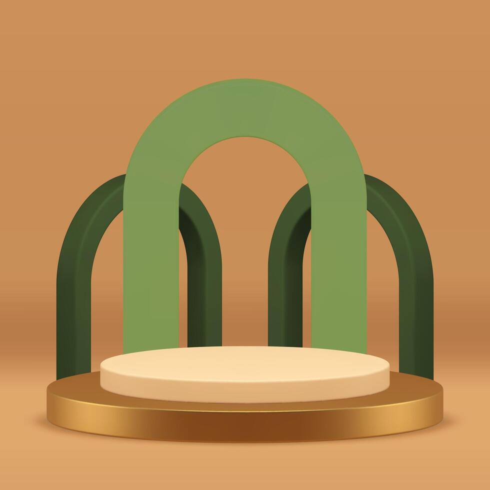 Luxury 3d golden podium pedestal with green arch wall background for presentation realistic vector