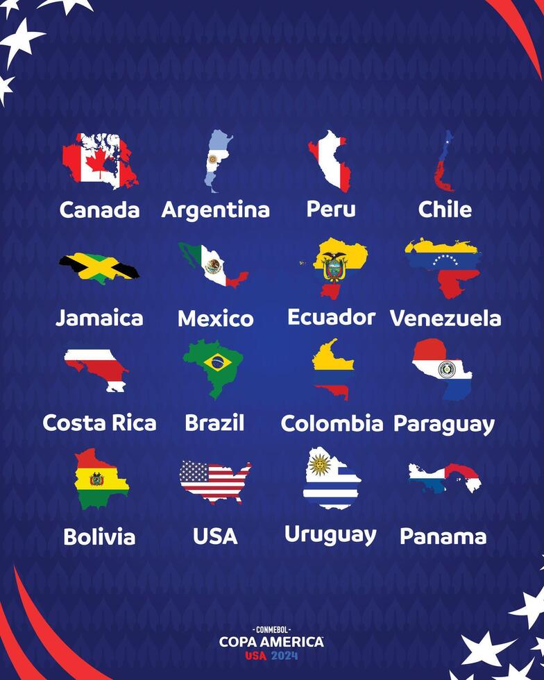 Conmebol Copa America USA 2024 Flags Map With Official Logo Symbol Abstract Design American Football final illustration vector