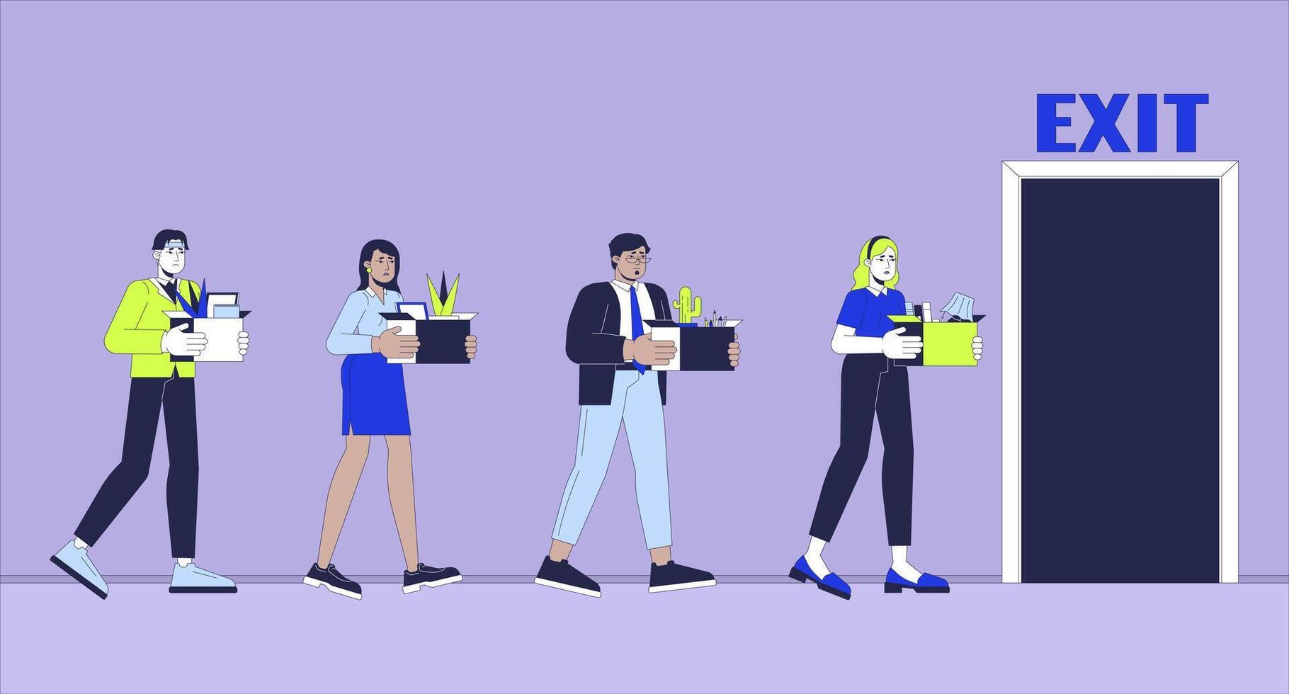 Big layoff cartoon flat illustration. Fired workers. Multiethnic employees group leaving office 2D line characters colorful background. Unemployment growth scene storytelling image vector