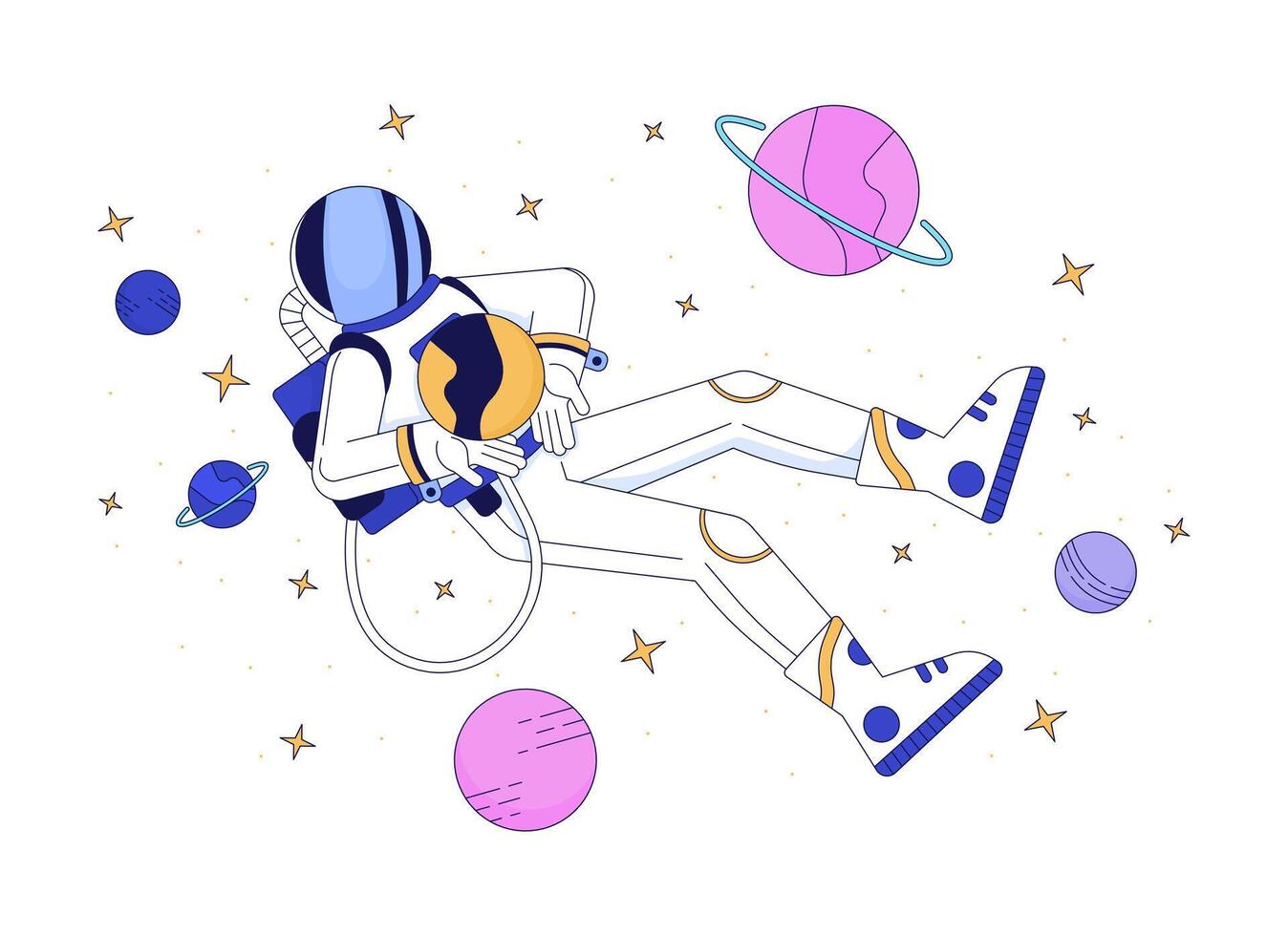 Astronaut in outer space line cartoon flat illustration. Person wearing protective costume in cosmos 2D lineart character isolated on white background. Lo fi theme scene color image vector
