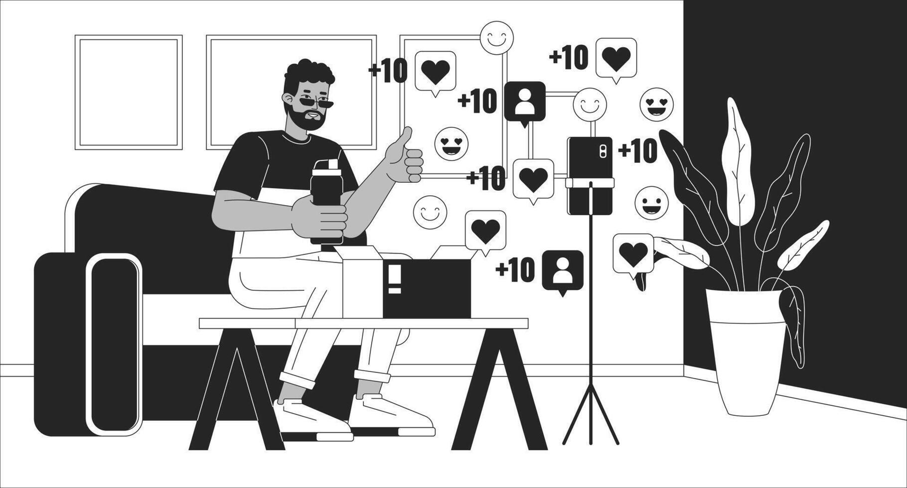 Unboxing going viral black and white line illustration. African american vlogger unpacking water bottle 2D character monochrome background. Social media popularity outline scene image vector
