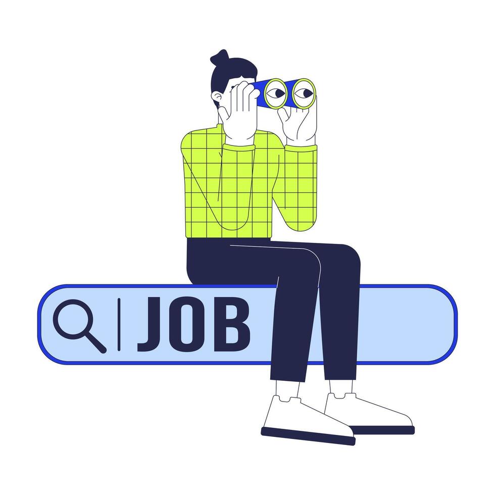 European man looking for job 2D linear illustration concept. Unemployed male sitting on search box cartoon character isolated on white. Online vacancy metaphor abstract flat outline graphic vector