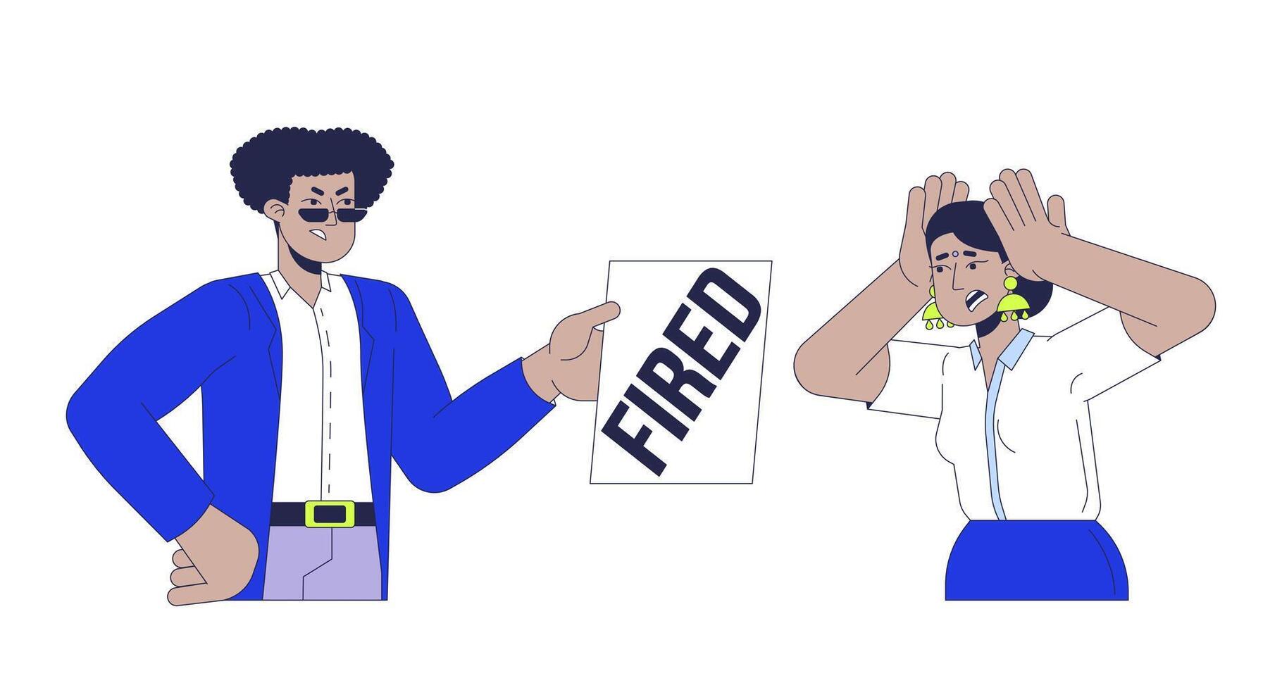 Getting fired line cartoon flat illustration. Losing job. Hispanic male boss dismissing hindu woman 2D lineart characters isolated on white background. Unemployment scene color image vector