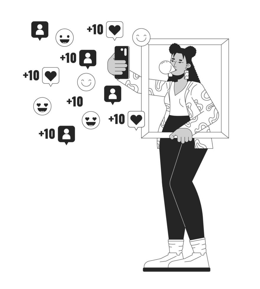 Internet celebrity taking selfie black and white 2D illustration concept. Hispanic young woman holding phone cartoon outline character isolated on white. Go viral metaphor monochrome art vector