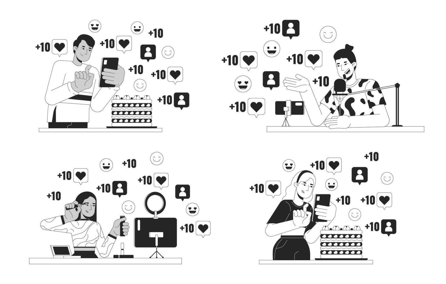 Influencer marketing black and white 2D illustration concept set. bloggers diverse cartoon outline characters isolated on white. Social media popularity metaphor monochrome art collection vector