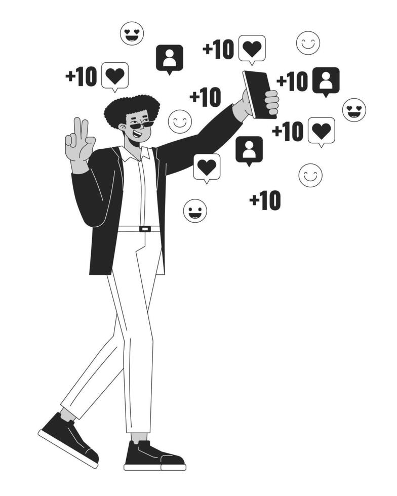 Influencer man with phone followers likes black and white 2D illustration concept. Hispanic male internet celebrity cartoon outline character isolated on white. Popularity metaphor monochrome vector