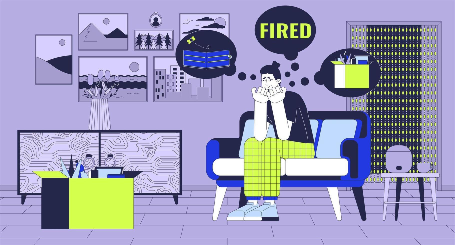 Stuck at home cartoon flat illustration. Fired european male suffering from financial problems 2D line character colorful background. Unemployment crisis scene storytelling image vector