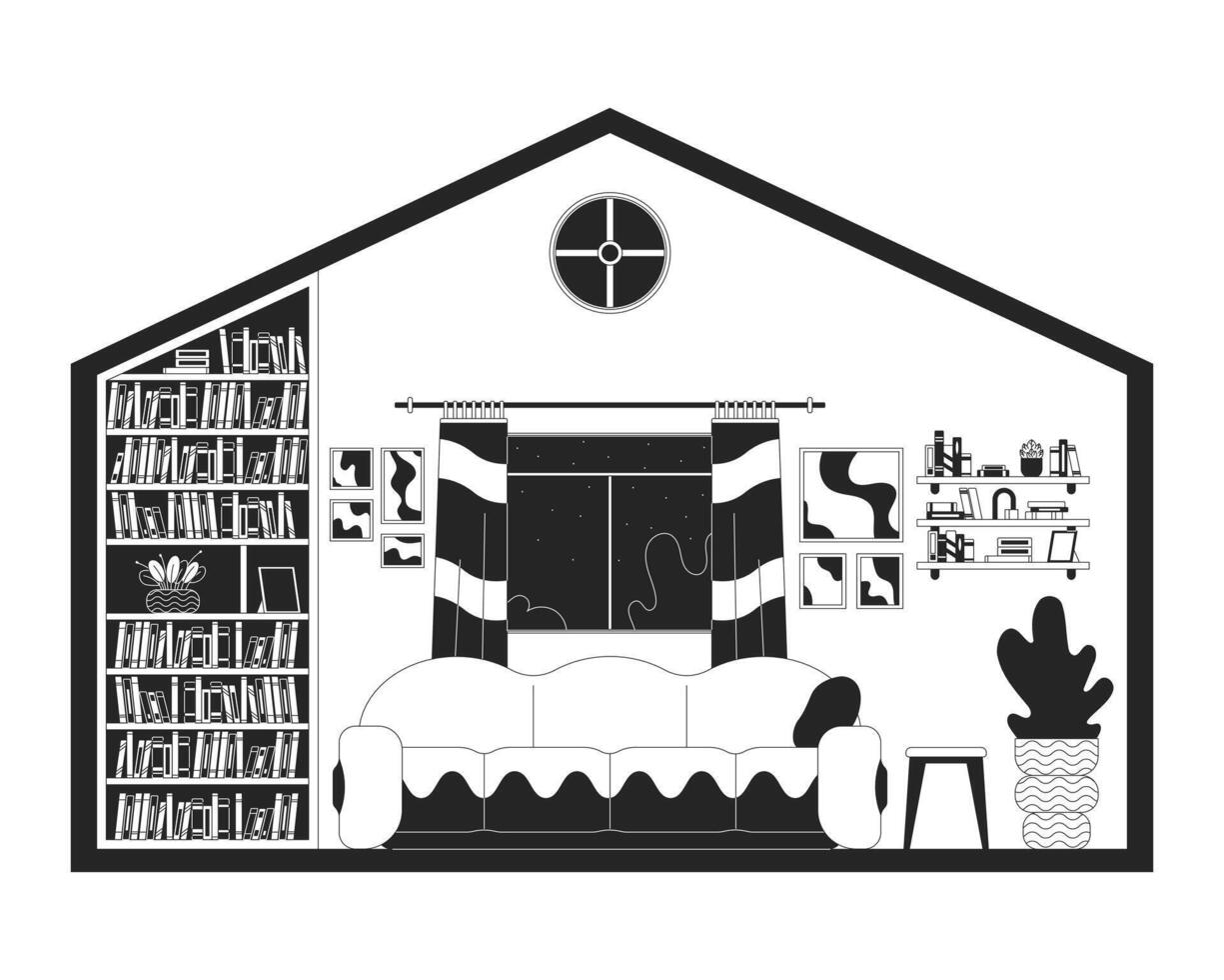 Empty living room of residential house black and white 2D line cartoon object. Comfortable apartment interior isolated outline item. Lo fi domestic life monochromatic flat spot illustration vector