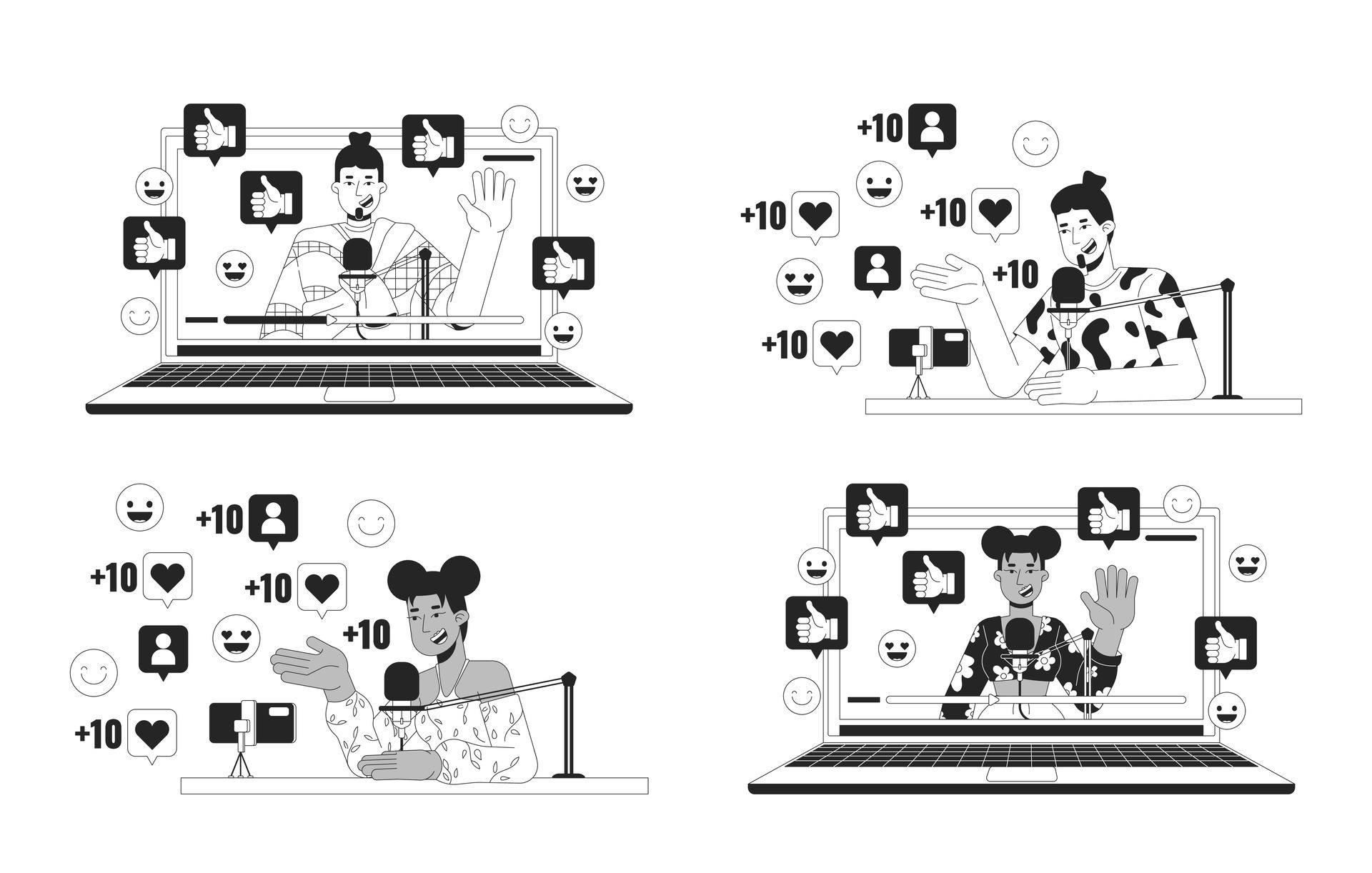 Influencer content creator black and white 2D illustration concept set 