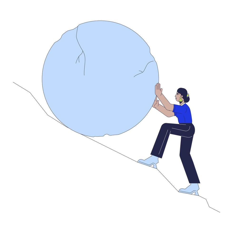 Working hard for result line cartoon flat illustration. Hindu woman pushing stone up mountain slope 2D lineart character isolated on white background. Unemployment problem scene color image vector