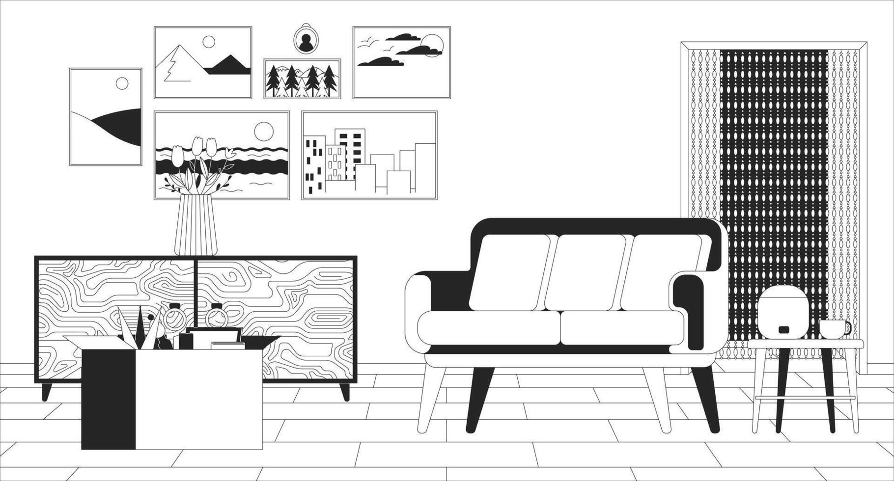Empty living room furnishing black and white line illustration. Staff container and cozy sofa in apartment 2D interior monochrome background. Domestic life comfort outline scene image vector