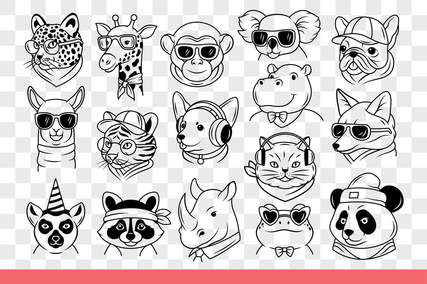 Muzzles of funny wild animals and pets in human wardrobe items and headphones. Hand drawn doodle vector