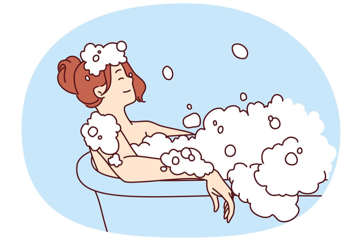 Carefree woman relaxes lying in bath with foam and warm water after hard day at work or long walk vector
