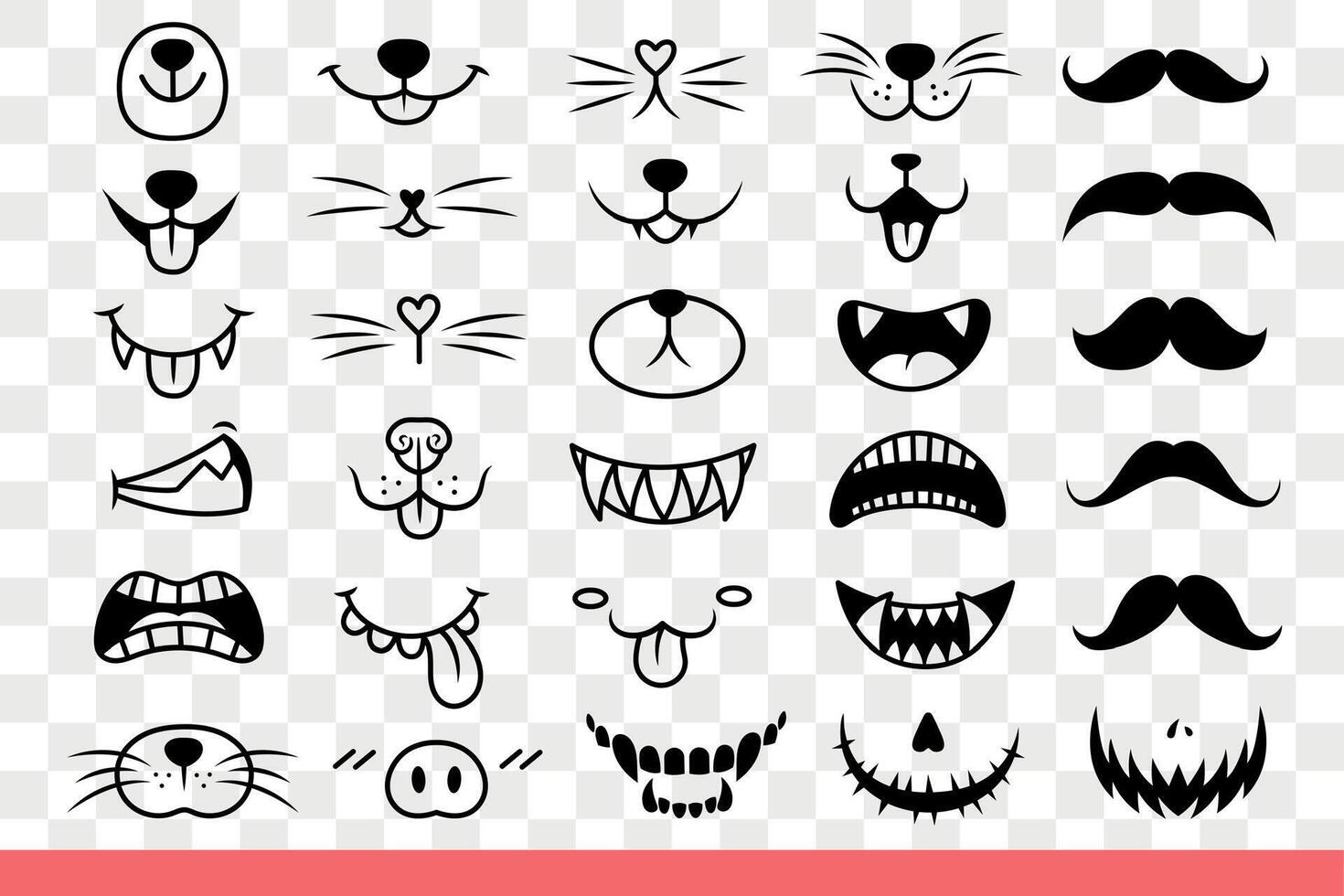 Animal faces with mouths showing different emotions and mustaches various shapes. Hand drawn doodle vector
