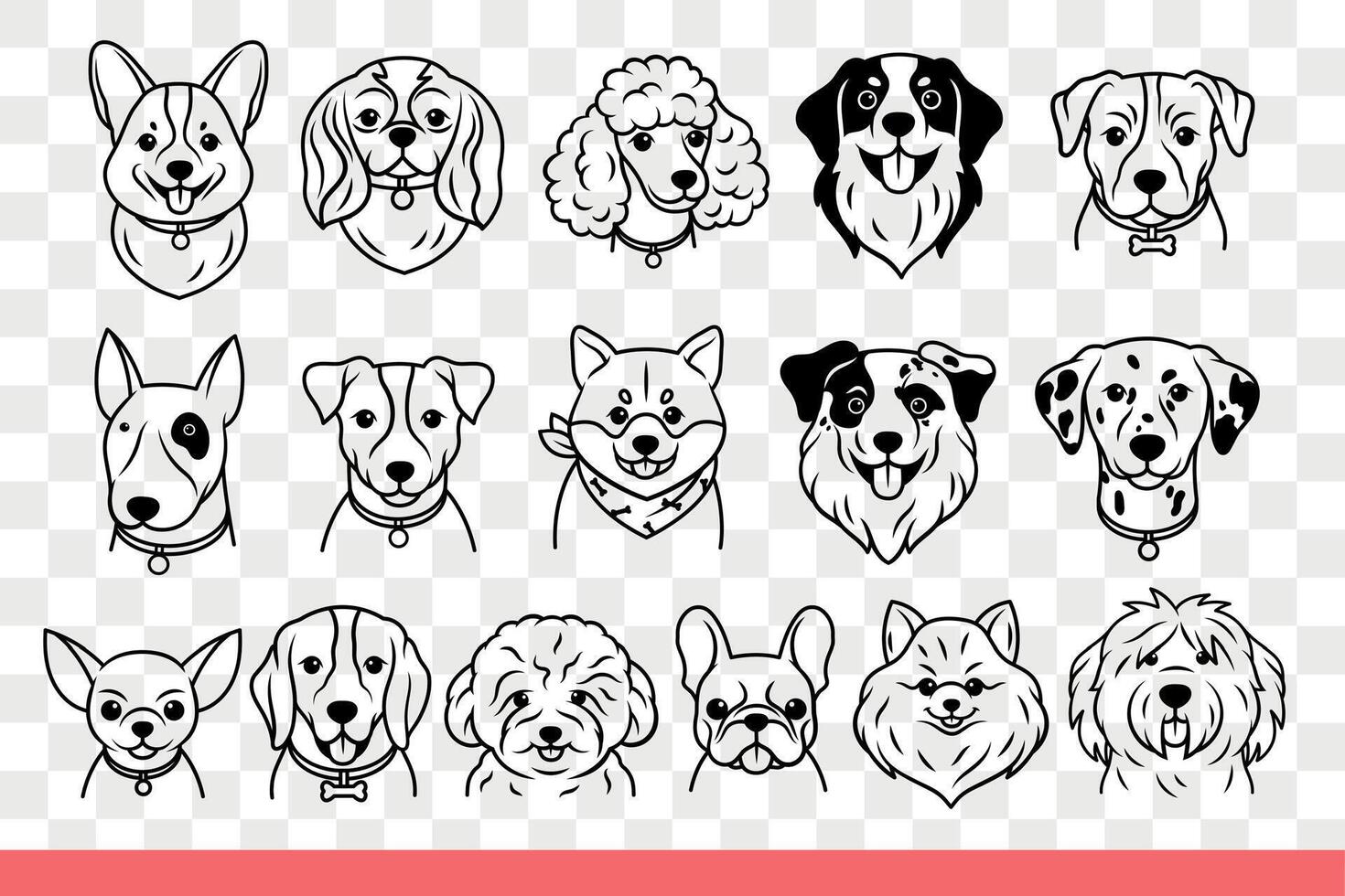Faces of dogs of different breeds look at screen with positive emotions. Hand drawn doodle vector