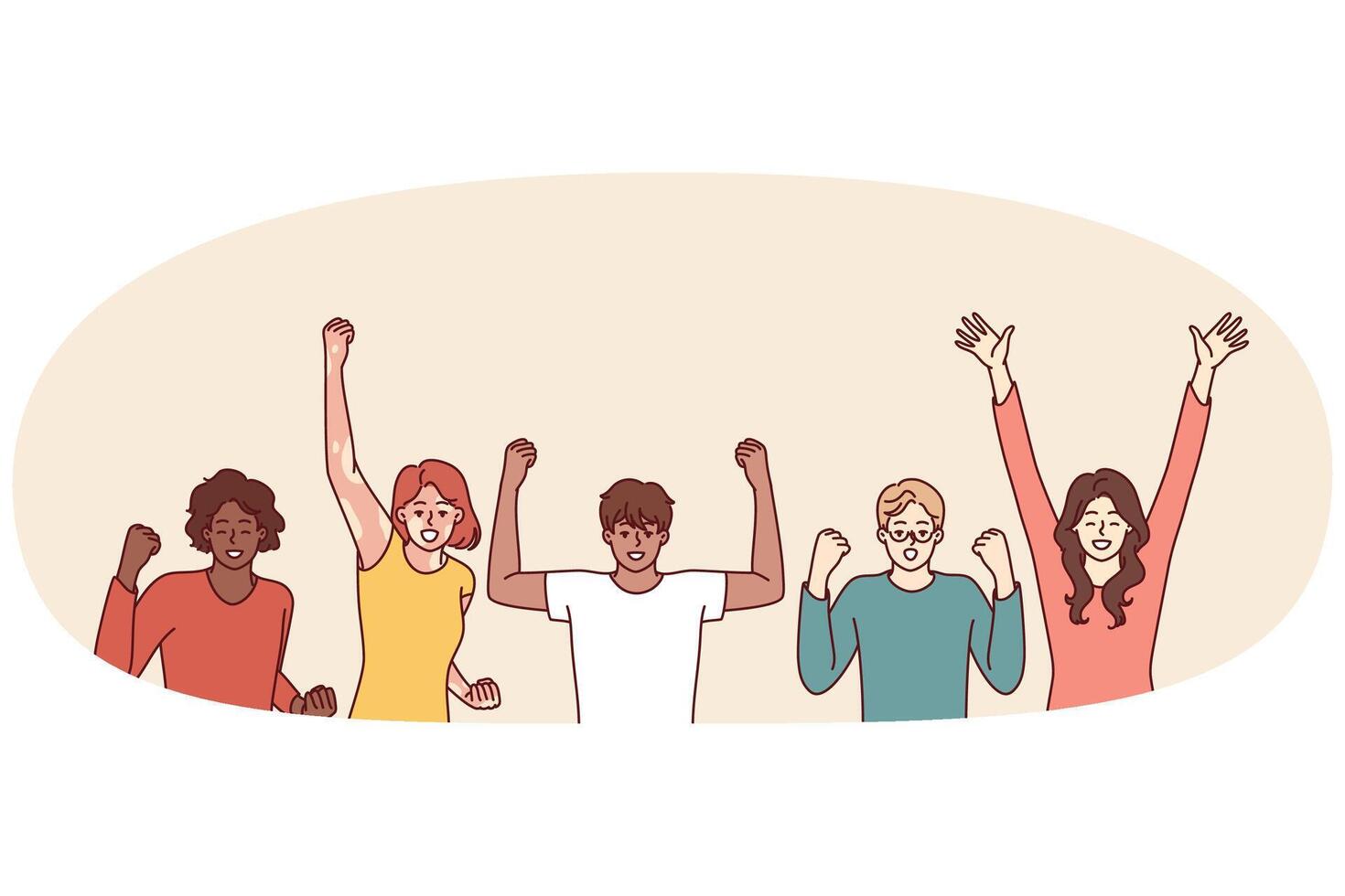 Delighted diverse people making victory gestures with hands enjoying joint success vector