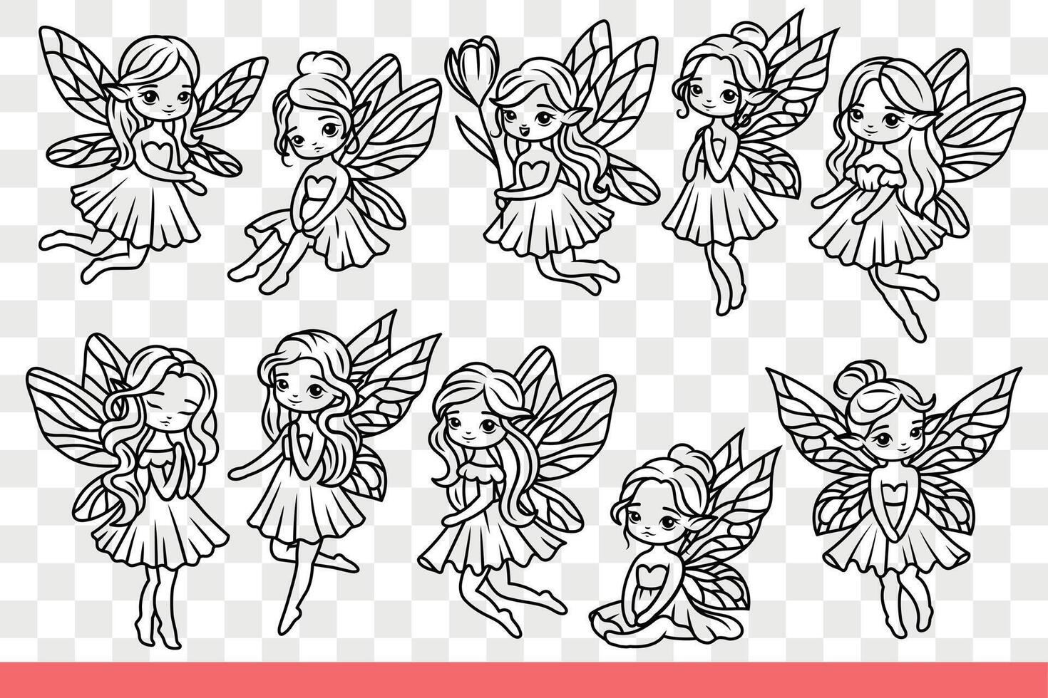 Cute fairies with wings from fairy tales for children about good princesses. Hand drawn doodle vector