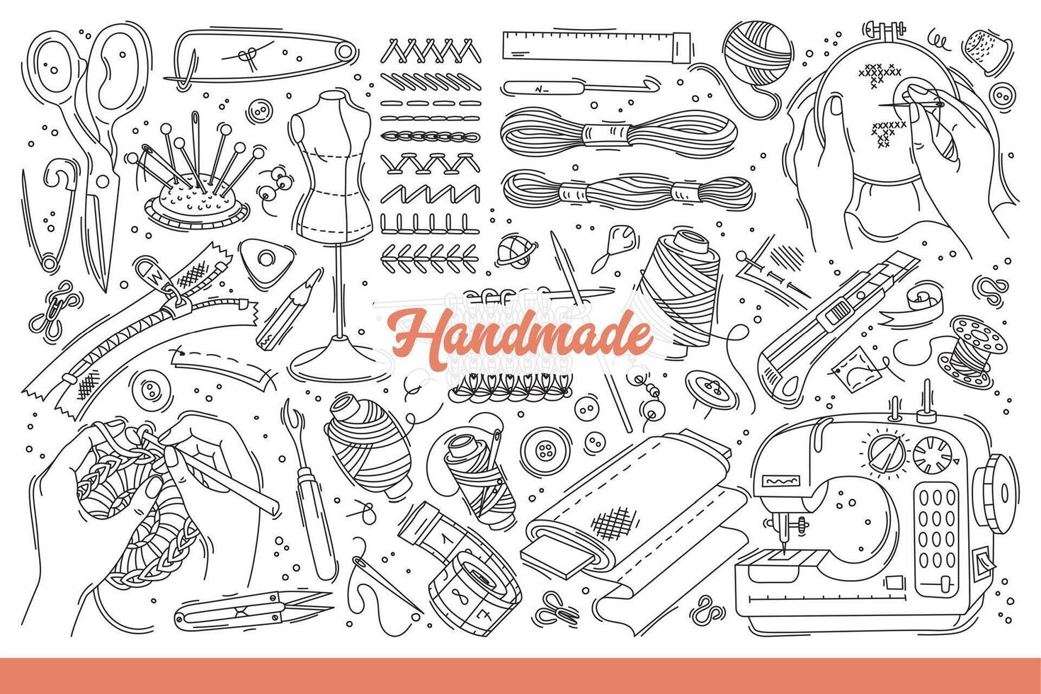 Handmade items and equipment for embroidery or knitting and making craft clothes. Hand drawn doodle vector