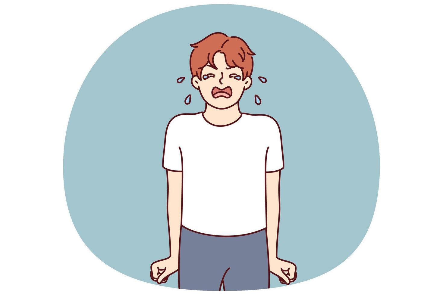 Crying boy stands clenching fists nervous after receiving reprimand from parents vector