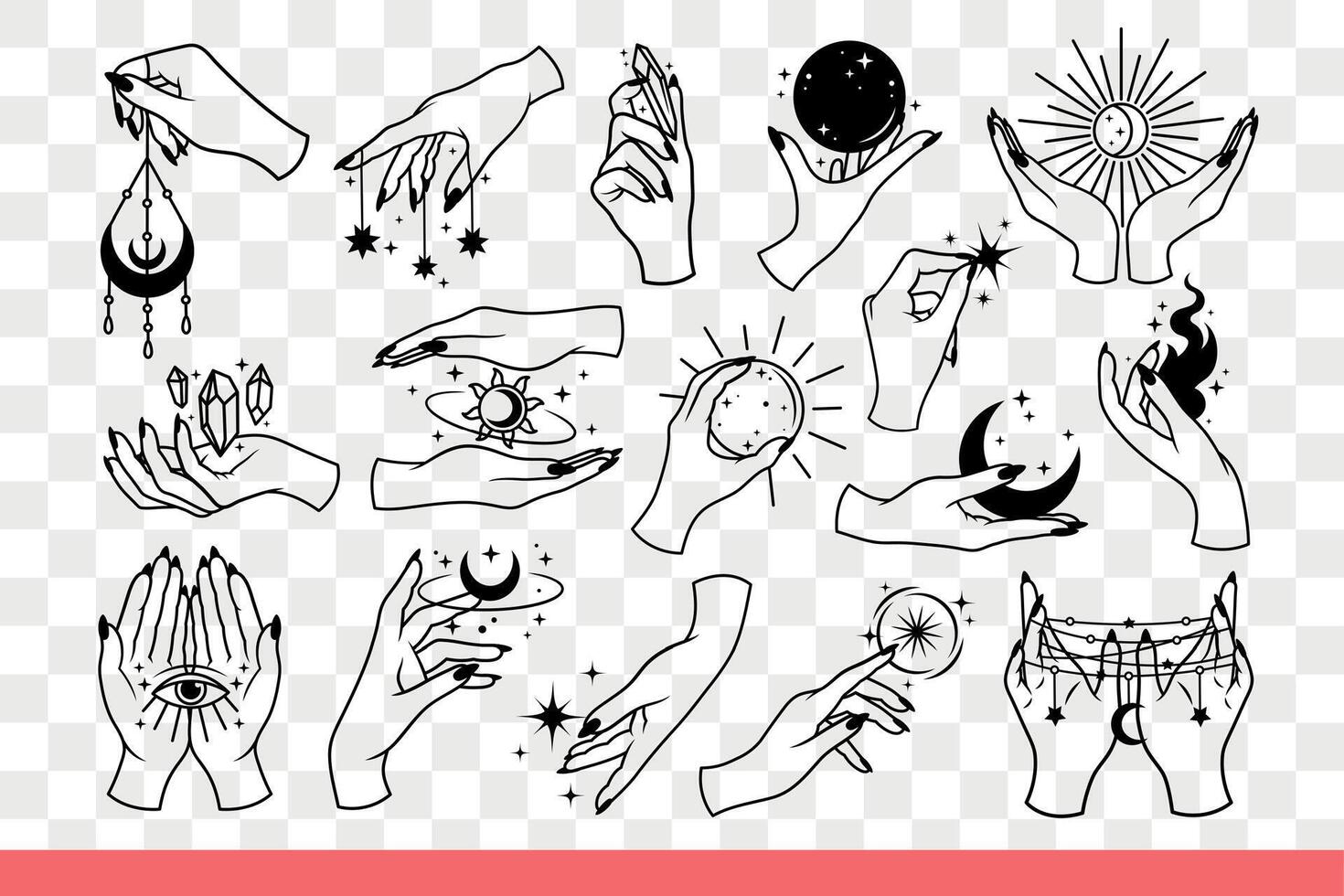 Items for occult rituals in hands of witches, who use esoteric practices. Hand drawn doodle vector