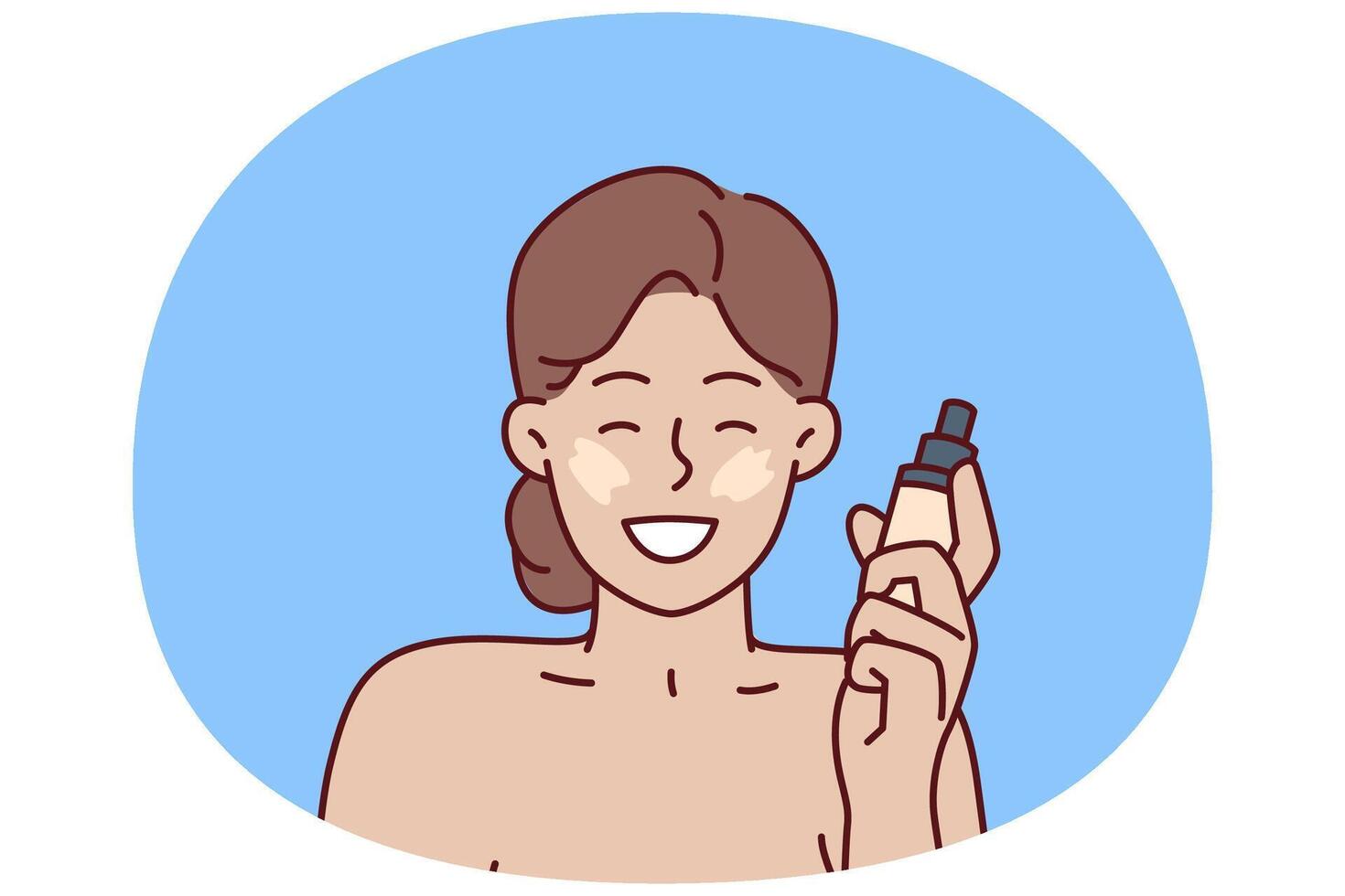 Woman with liquid foundation smiles as she puts on makeup to hide skin imperfections vector