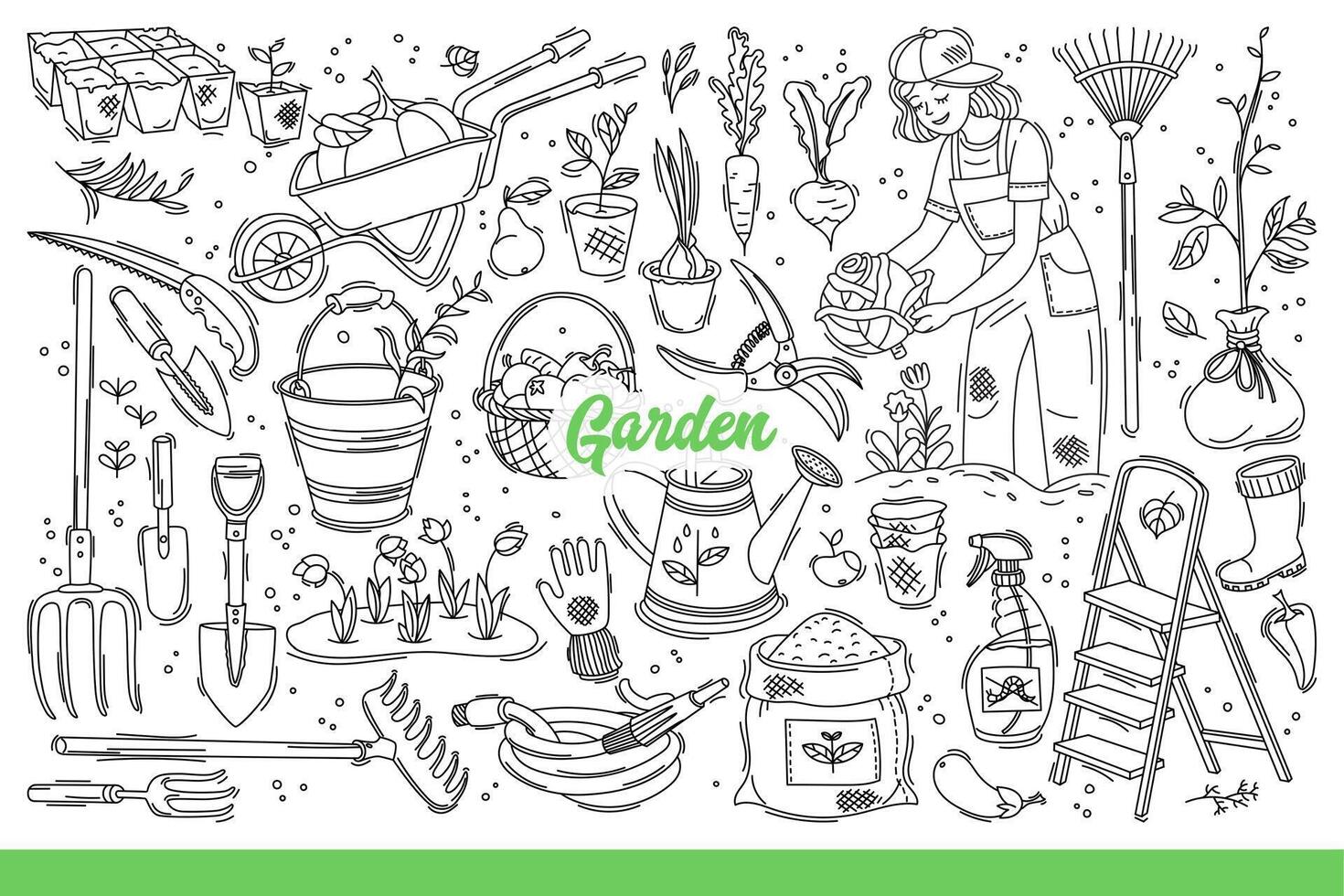 Garden equipment and seeds for planting plants and flowers in your backyard. Hand drawn doodle vector