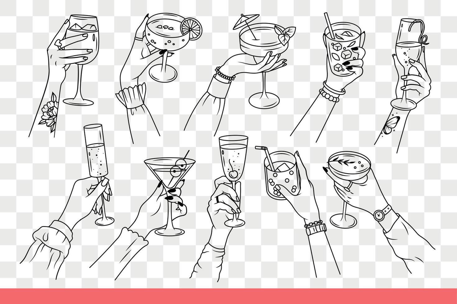 Glasses with cocktails and drinks in hands who bought cold alcoholic drink at bar. Hand drawn doodle vector