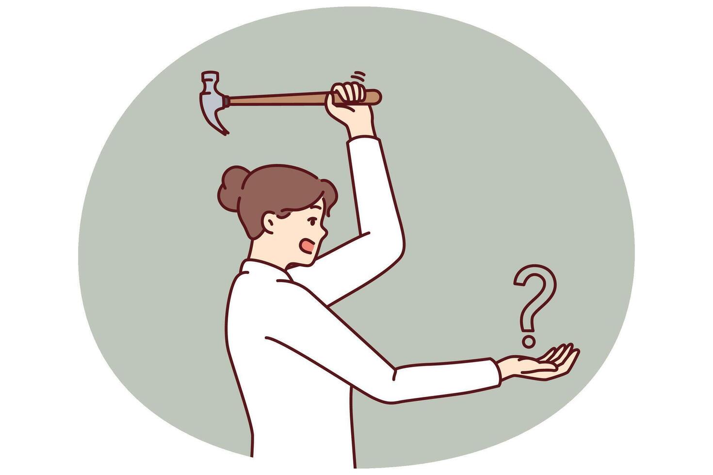 Woman swinging hammer at question mark showing courage in solving problems and fighting ignorance vector