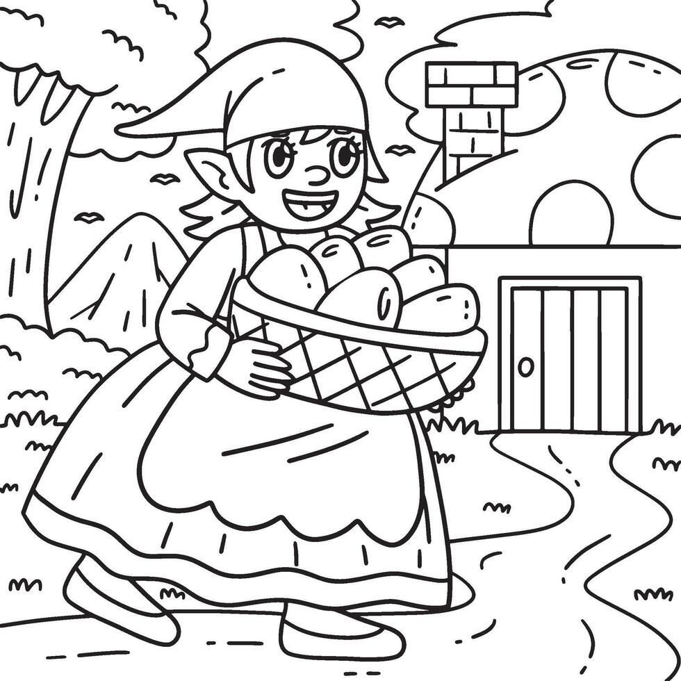Gnome with Basket of Eggs Coloring Page for Kids vector