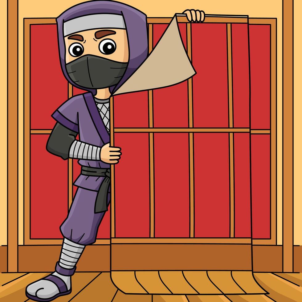 Ninja Hiding Colored Cartoon Illustration vector