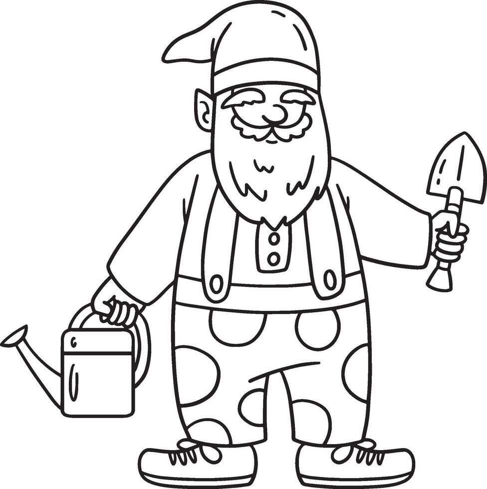 Gnome with Gardening Tools Isolated Coloring Page vector