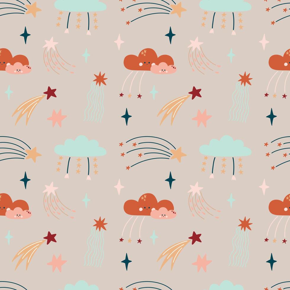 Cute bohemian baby seamless pattern with clouds, stars, rainbows. Cute pattern in boho style in warm pastel colors. Set of illustrations for the children's room, postcards, baby parties vector