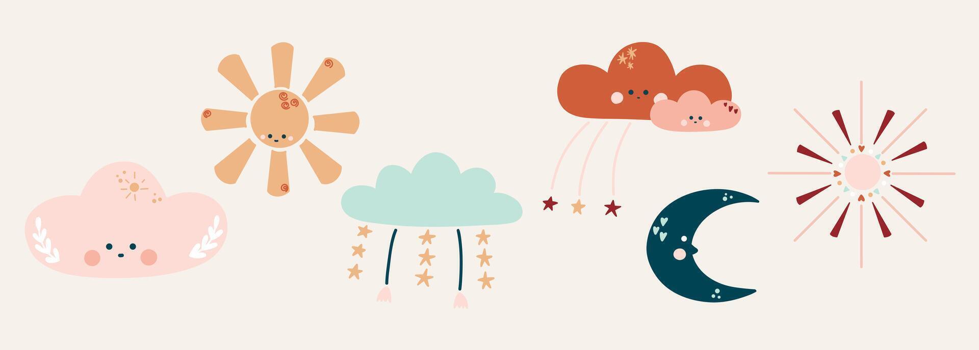 Bohemian baby set, gender neutral children's set with cute elements, clouds, stars, rainbow, Sun. A set of illustrations of warm earthy flowers in boho style vector