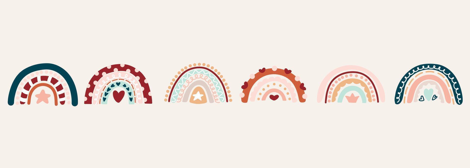 Bohemian baby set, gender neutral children's set with cute elements, rainbow, stars, hearts. A set of illustrations of warm earthy flowers in boho style vector