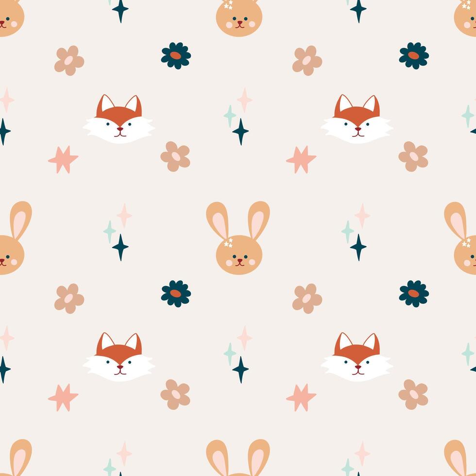 Cute bohemian baby seamless pattern with cute fox, rabbit in boho style in warm pastel colors. Set of illustrations for the children's room, postcards, baby parties vector