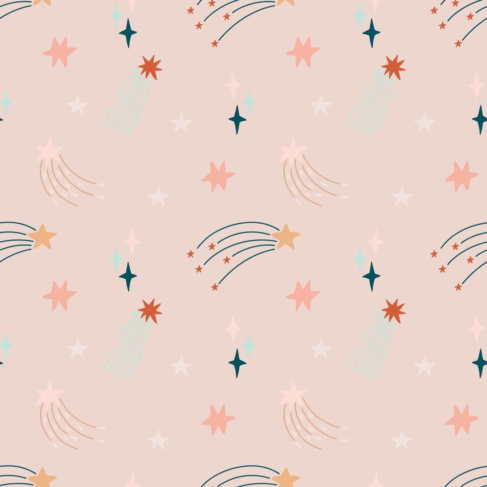 Cute bohemian baby seamless pattern with clouds, stars, sun. Pattern in boho style in warm pastel colors. Set of illustrations for the children's room, postcards, baby parties vector