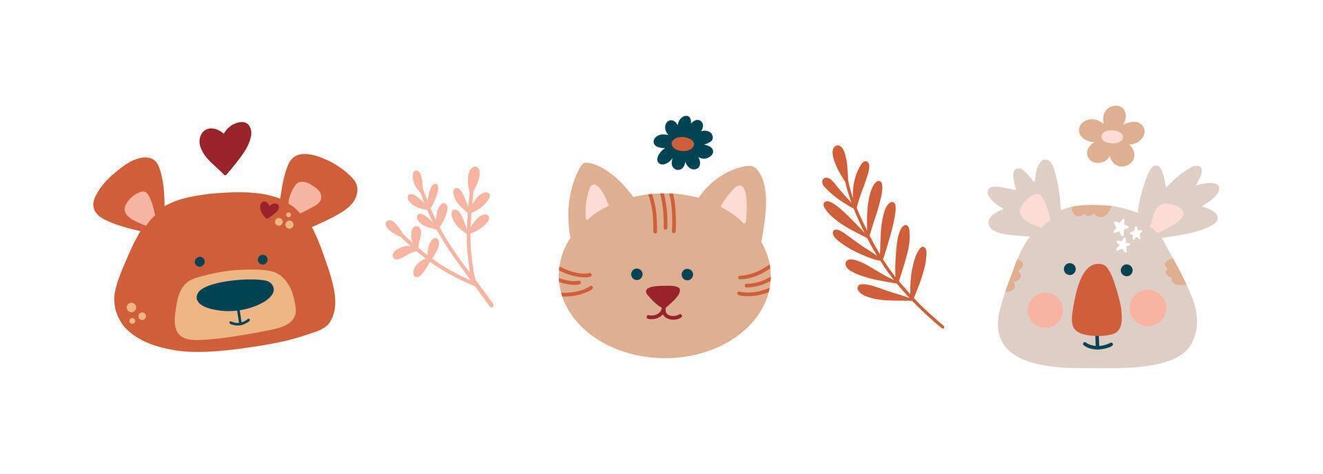 Cute cartoon Bohemian nursery posters with teddy bear, rabbit and cat. Boho print for wall decor in children's bedroom, postcard template, print for pajamas vector