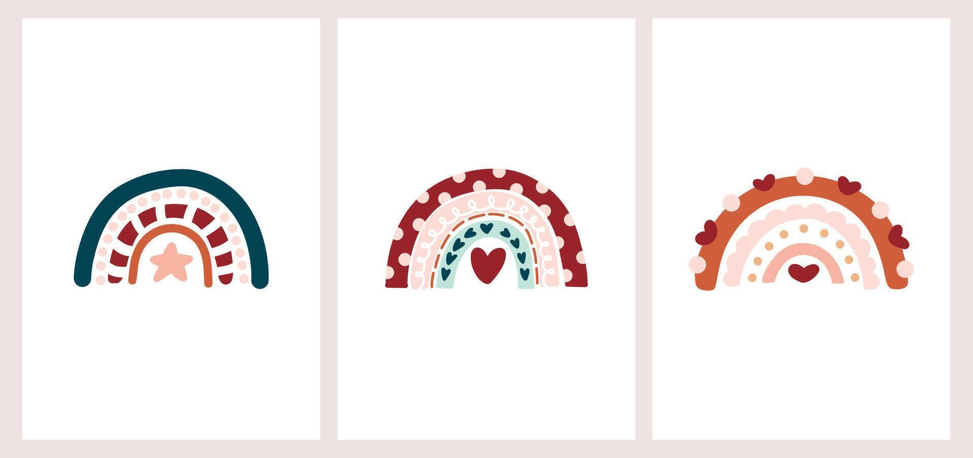 Cute cartoon Bohemian nursery posters with sun, rainbow, heart, clouds. Boho print for wall decor in children's bedroom, postcard template, Bohemian nursery posters. vector