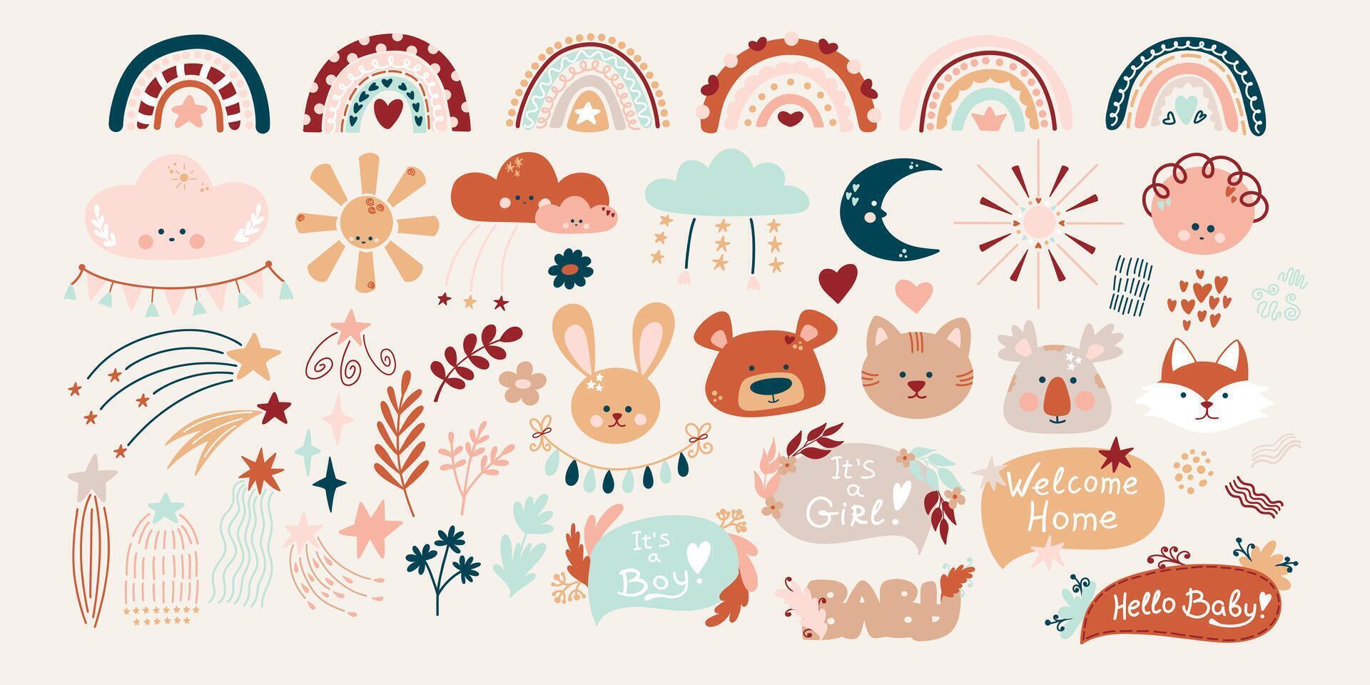 Bohemian baby set, gender neutral large children's set with cute animals, Clouds, Stars, Rainbow, Sun, Inscriptions. Set illustrations of warm earthy flowers in Boho style vector