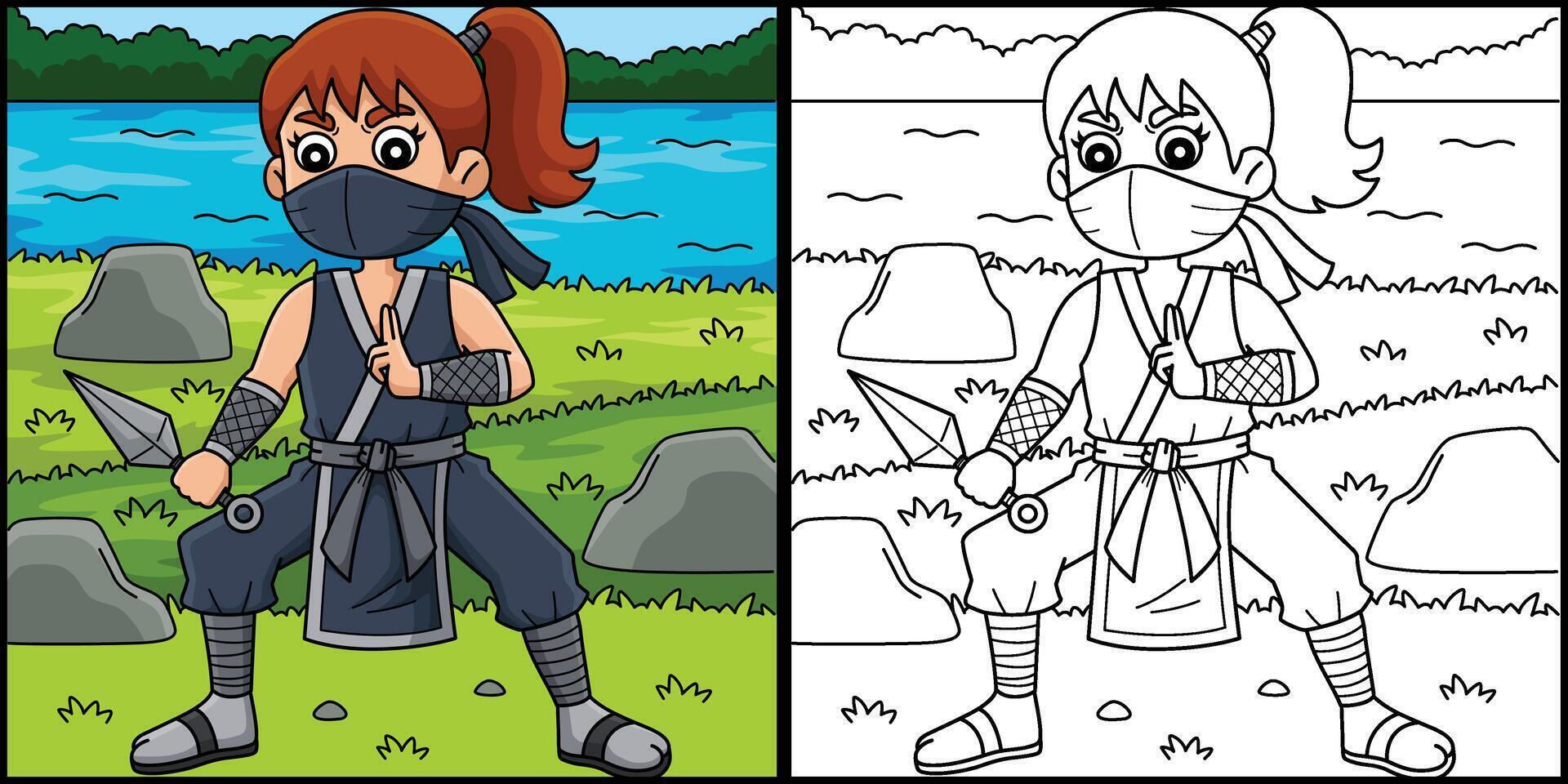 Ninja Kunoichi with Kunai Coloring Illustration vector