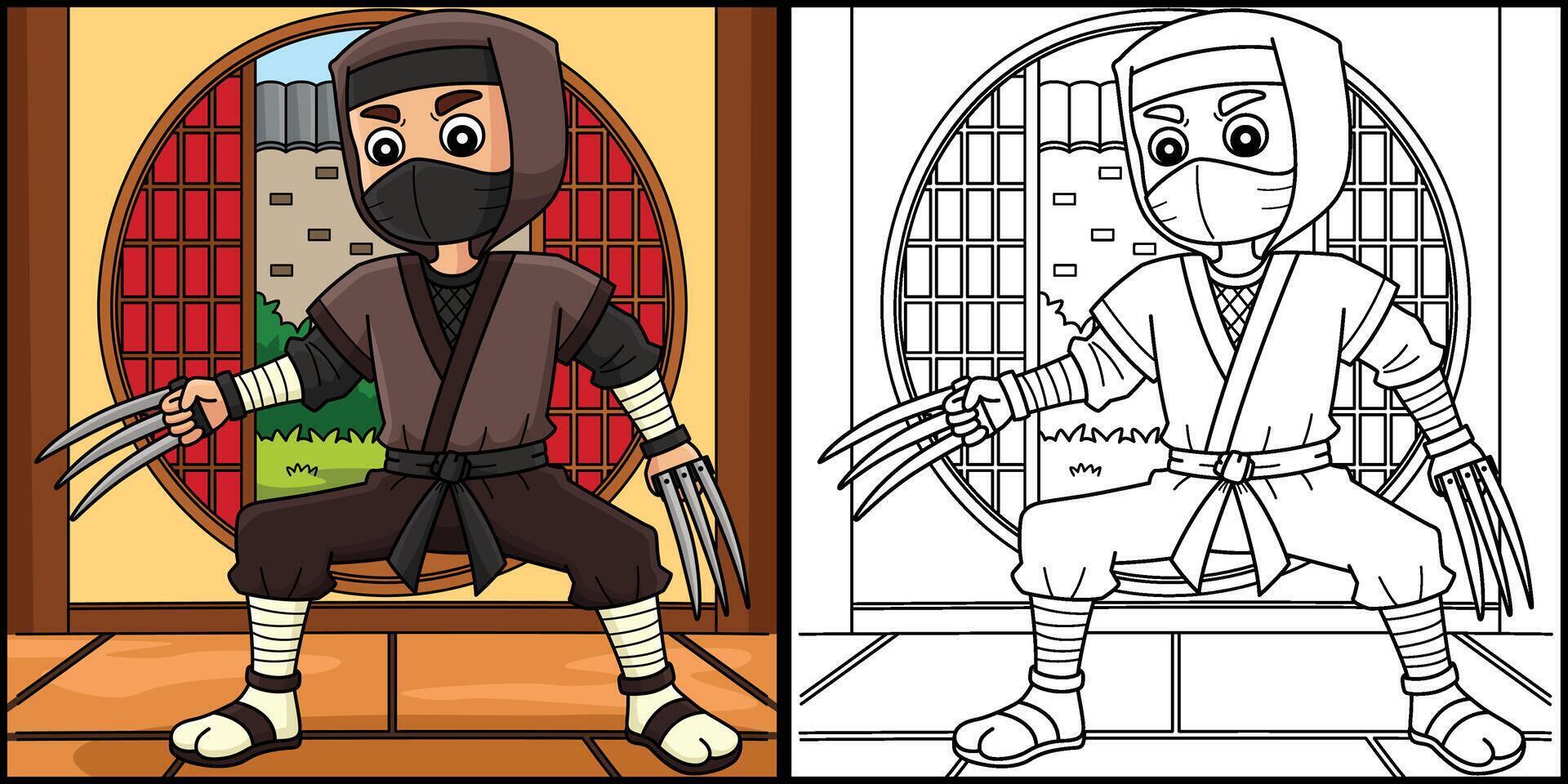 Ninja with Claws Coloring Colored Illustration vector