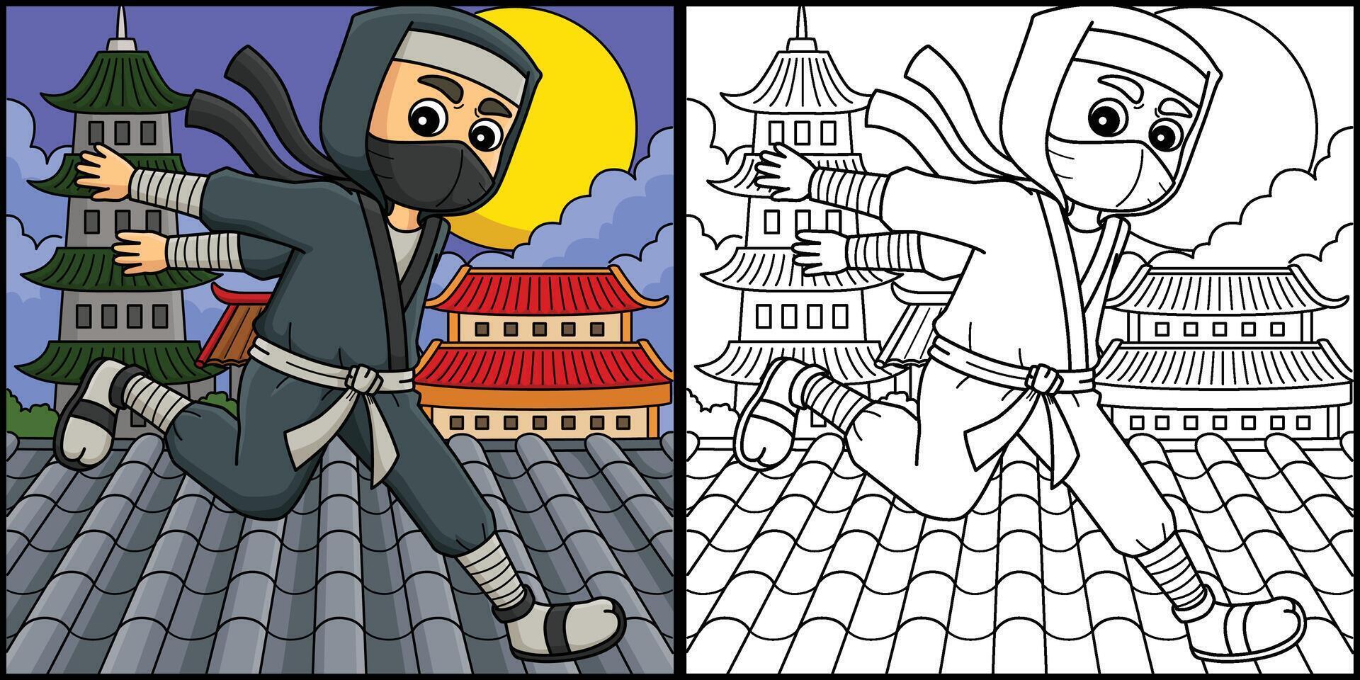 Ninja Running Coloring Page Colored Illustration vector